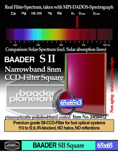 BP2459412 -- Baader Filtro SII a banda stretta da 8nm FWHM quadrato da 65x65mm per CCD
